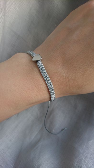 Bransoletka sznurkowa szara pleciona makrama serce Hematyt srebrny