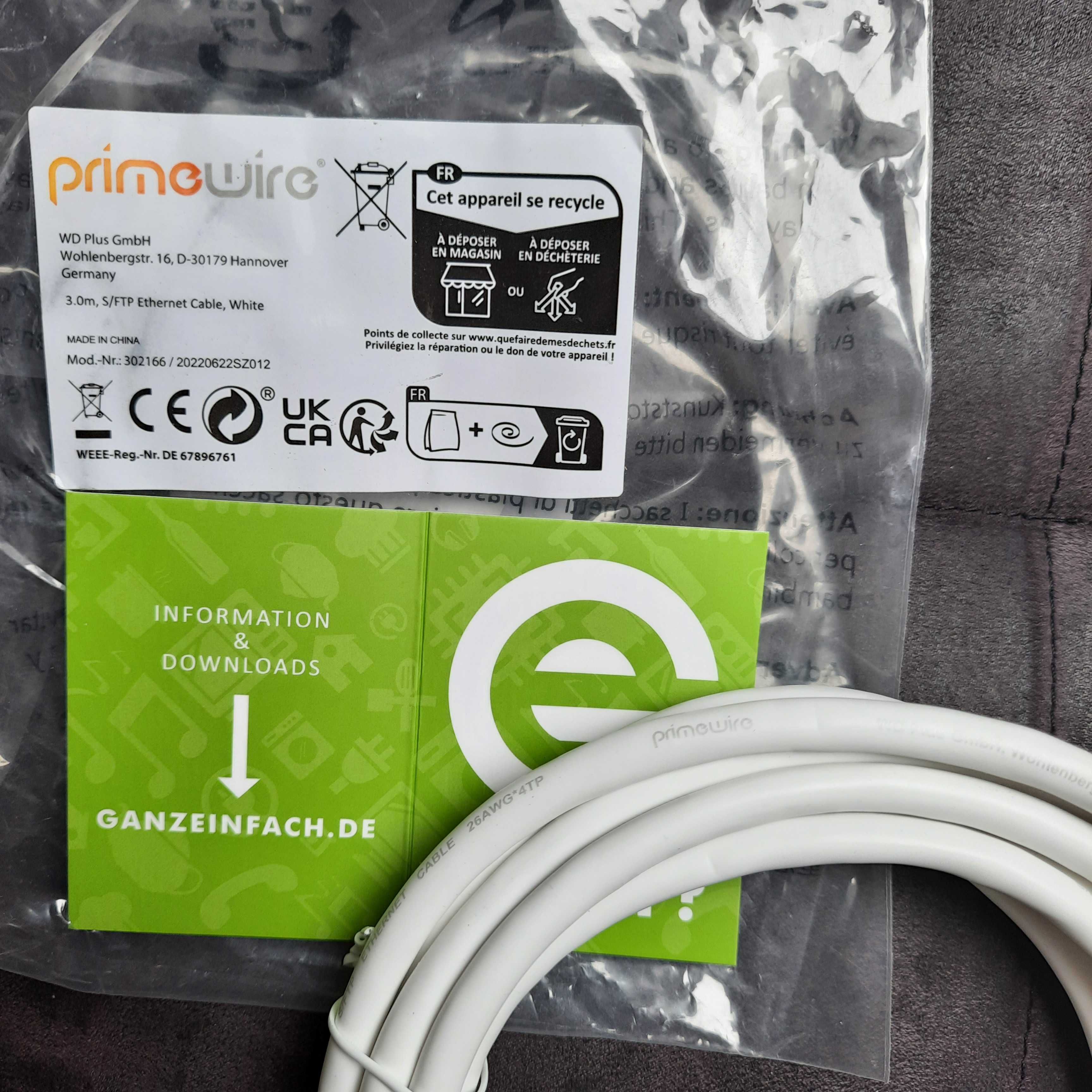 Kabel sieciowy PRIMEWIRE 3m S/FTP Ethernet Cable biały