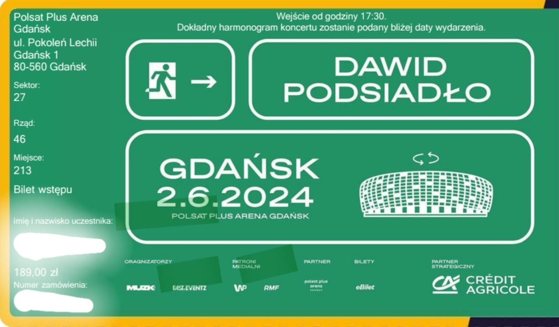 Dawid Podsiadło 2 bilety Gdańsk 02.06.2024