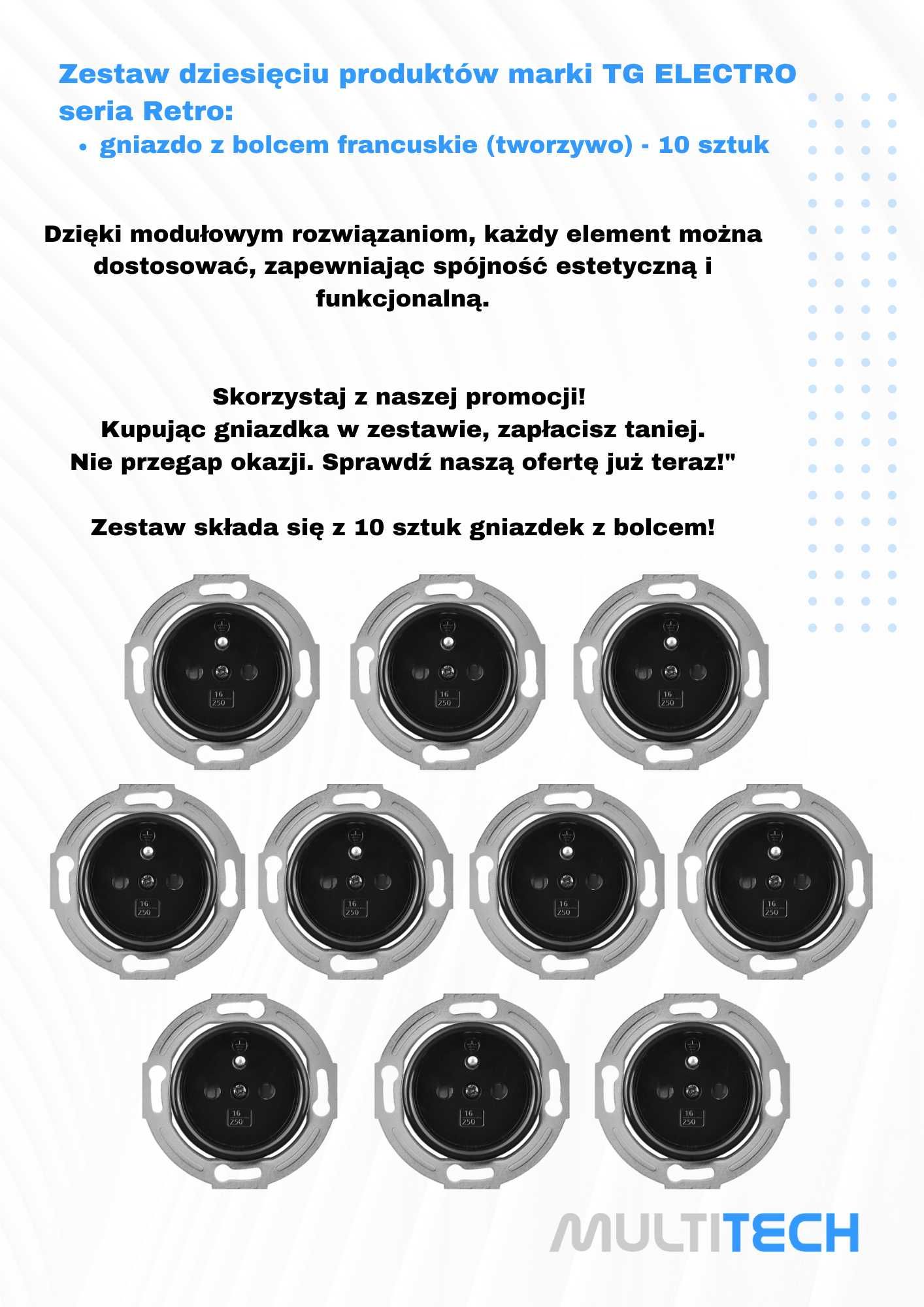 KOMPLET Gniazdko pojedyncze z bolcem Moduł CZARNE RETRO - 10 sztuk