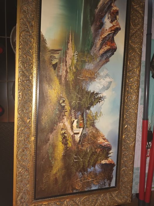 Obraz z pejzażem chata góry jezioro 114x49cm