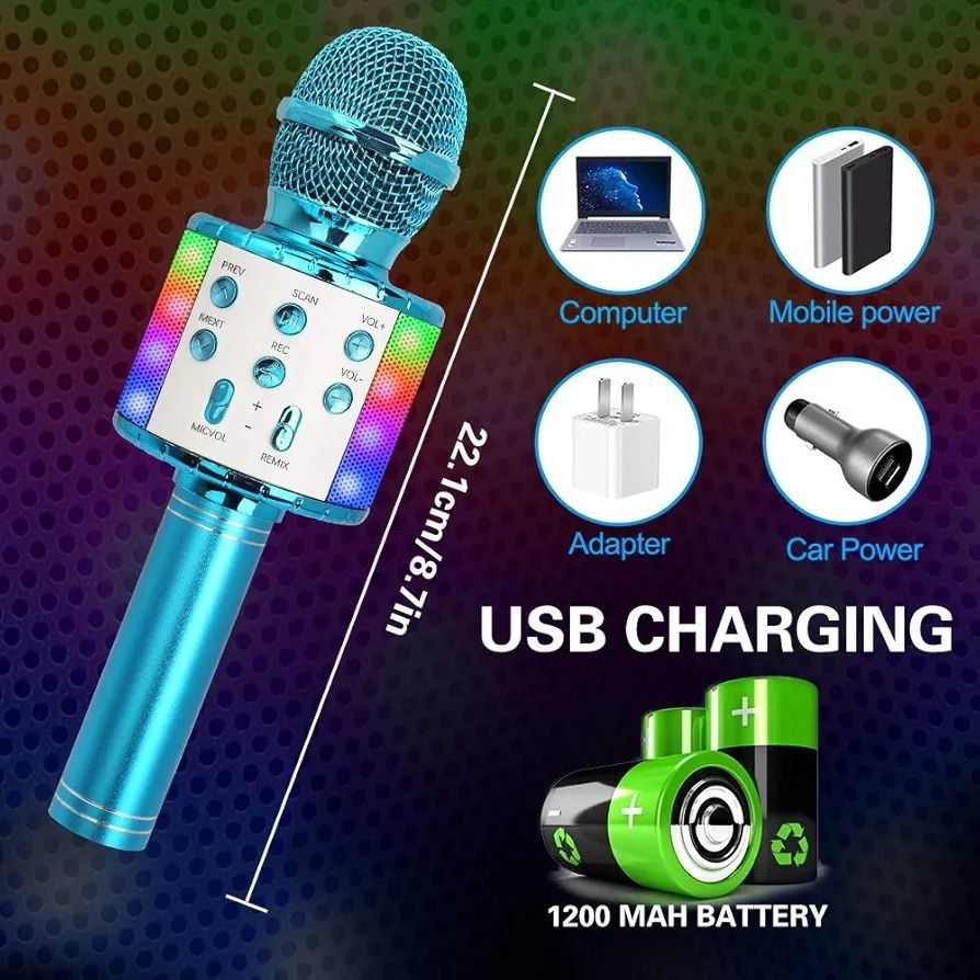 Mikrofon do karaoke, bezprzewodowy mikrofon Bluetooth ze światłem LED,