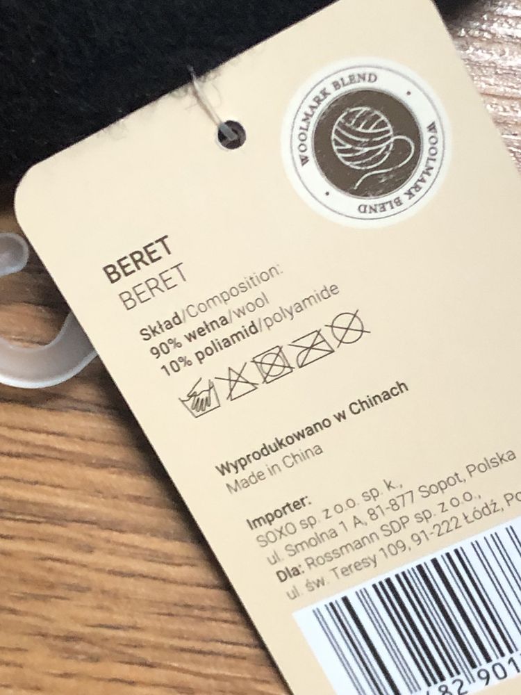 Beret wełniany czarny klasyczny francuski styl nowy woolmark blend