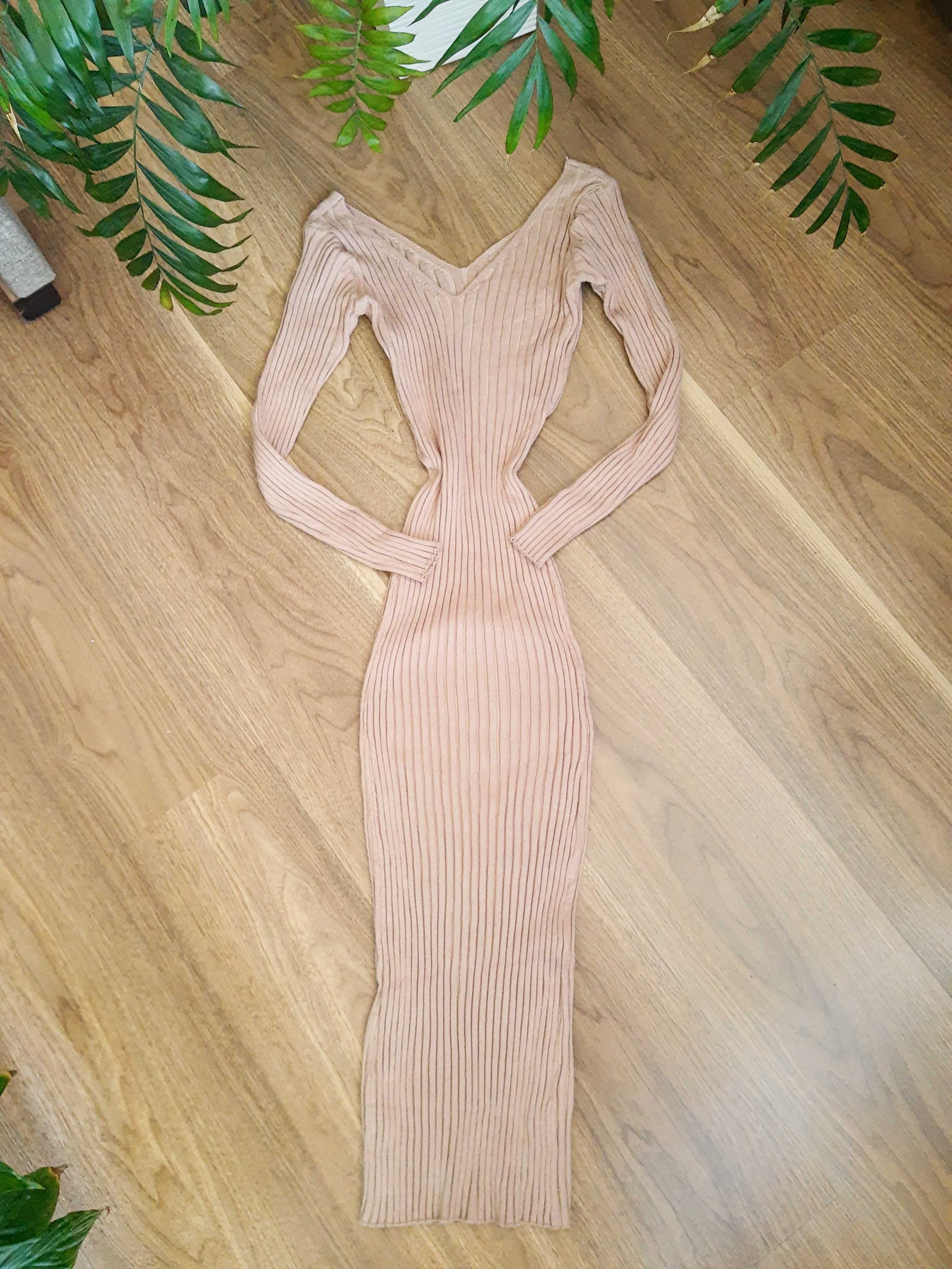Beżowa dopasowana długa midi sukienka XS-S bodycon prążkowana nude