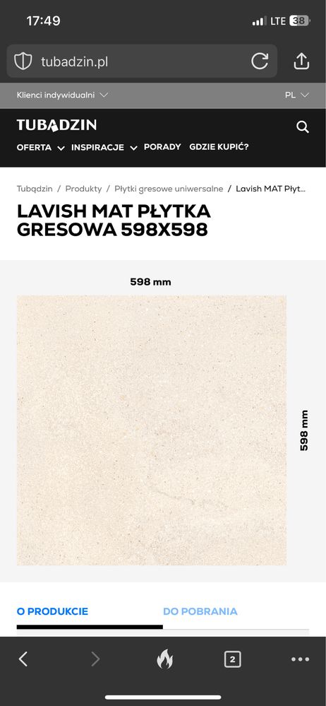 Gres Lavish mat Tubądzin 598x598x 8 mm - 5 szt
