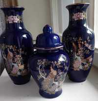 Японские позолоченные вазы с павлинами, пионом и сакурой, 3 шт.