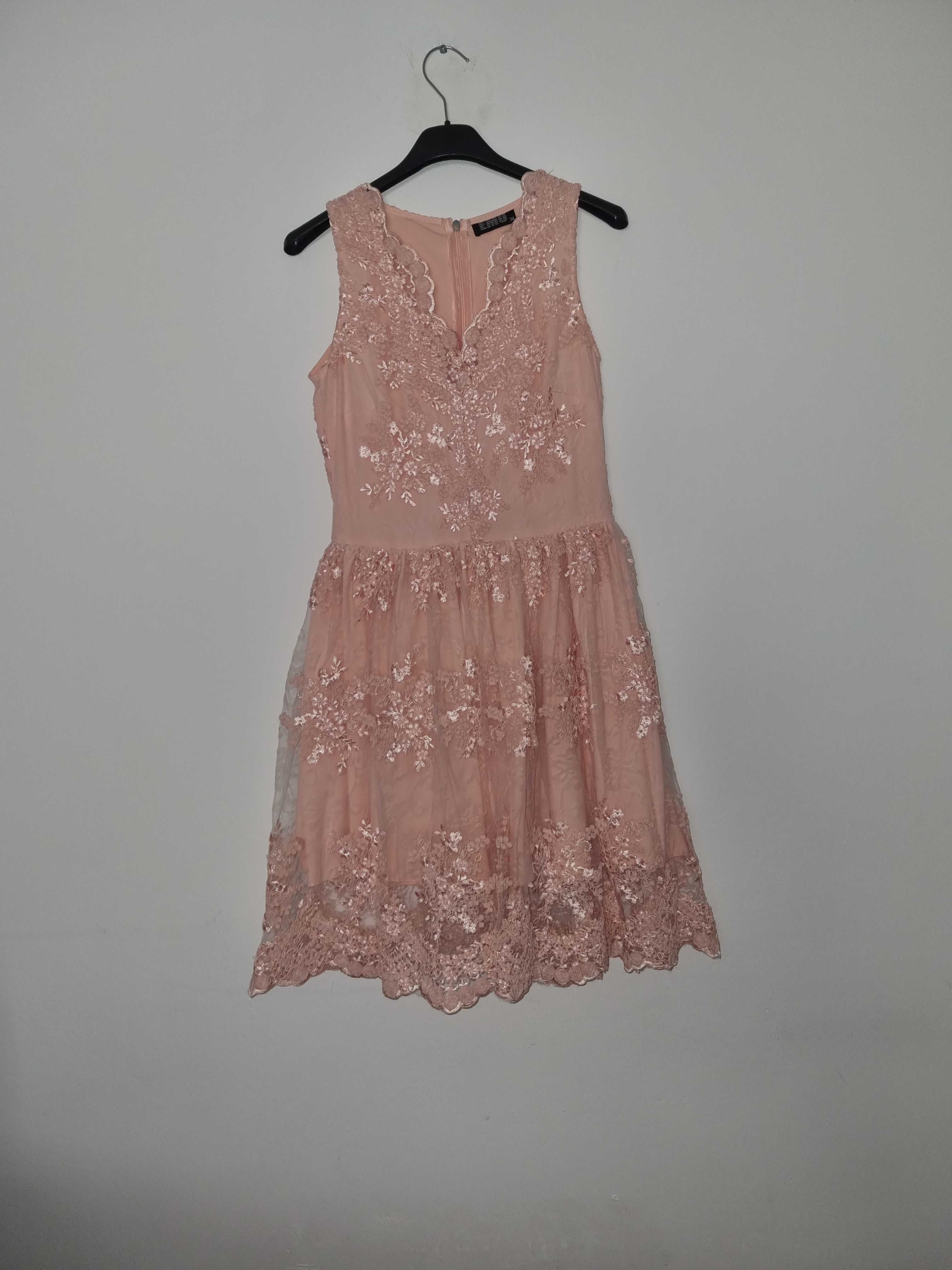 Różowa koronkowa sukienka, EMU, Rozmiar 34
