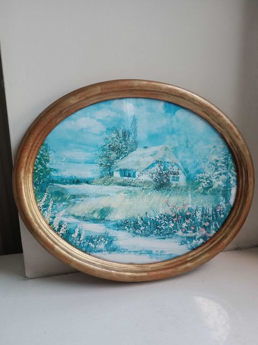 Obraz na ścianę plakat okrągły owalny w ramce ramie pejzaż zimowy zima