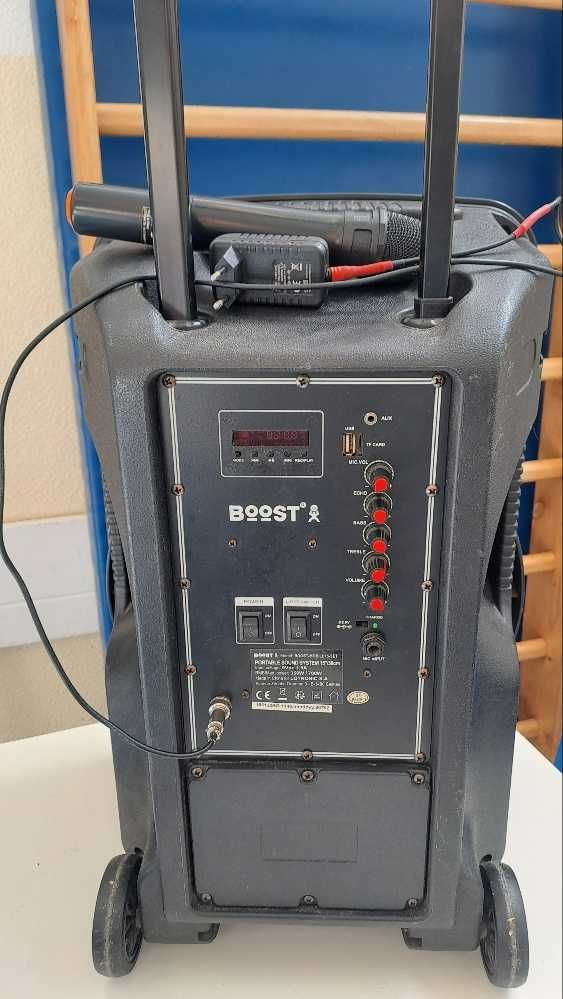Coluna com rodas  com microfone e tripé
