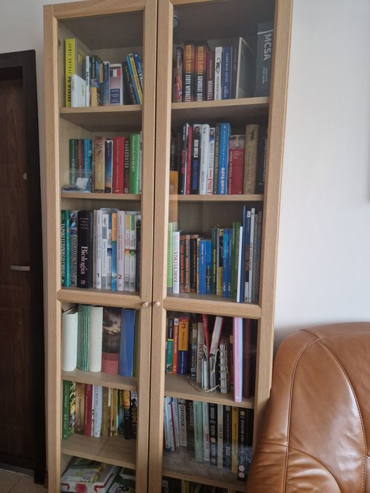 Regał Billy Ikea, imitacja dębu, szklane drzwi,