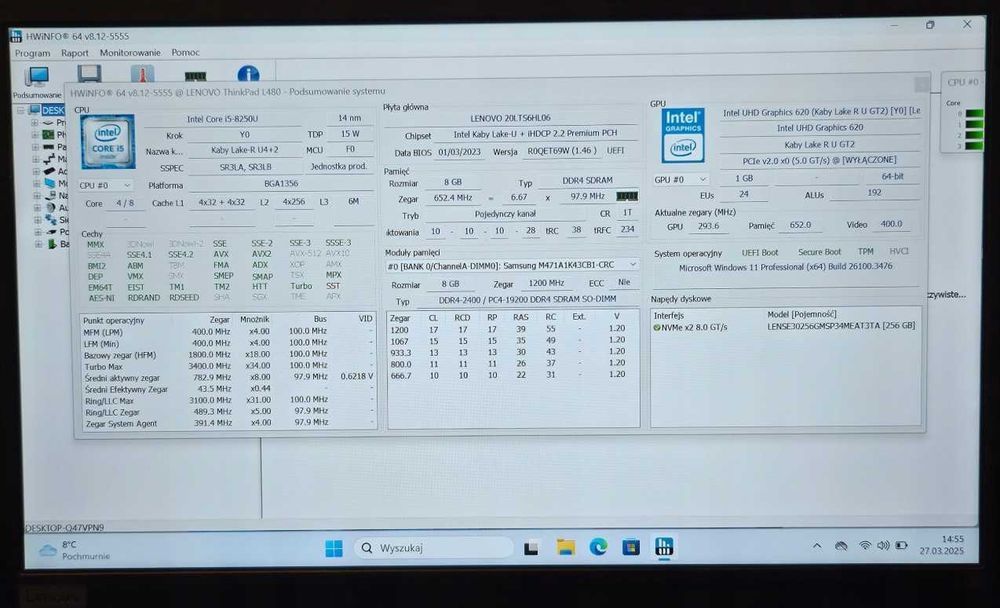W1687] Laptop Lenovo ThinkPad L480 i5-8250U 8GB 256GB NVMe Win11 bat