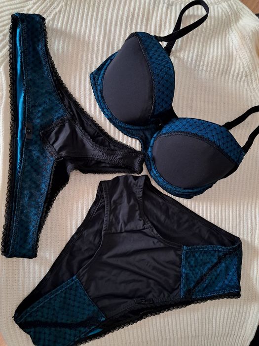 Biustonosz czarno turkusowy 65E+ figi+stringi r.38"Esotiq"nowe.