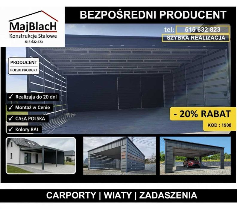Altana / Zadaszenie /Duży CARPORT/Zadaszenie na pojazdy   - Maj-Blach