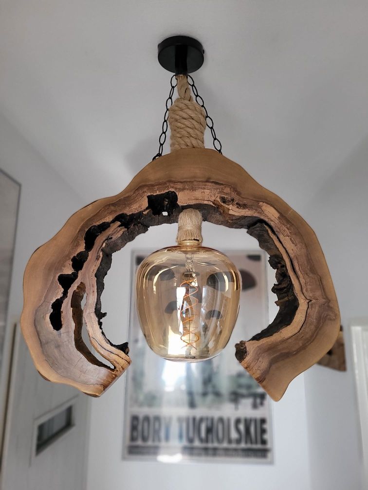 Lampa wisząca orzech włoski handmade Loft sznur jutowy