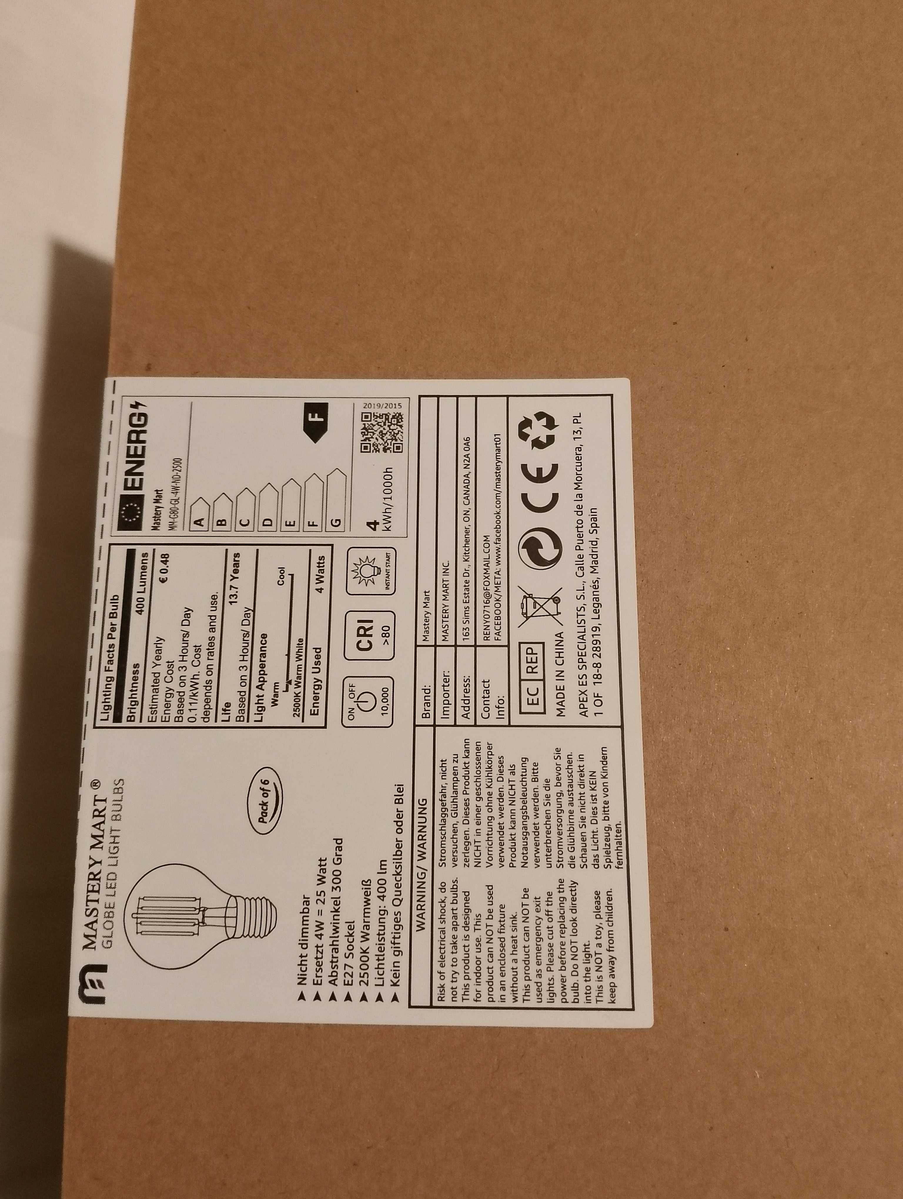 Mastery Mart Żarówka LED E27 w stylu vintage, 4 W, 400 lm, 2500 K