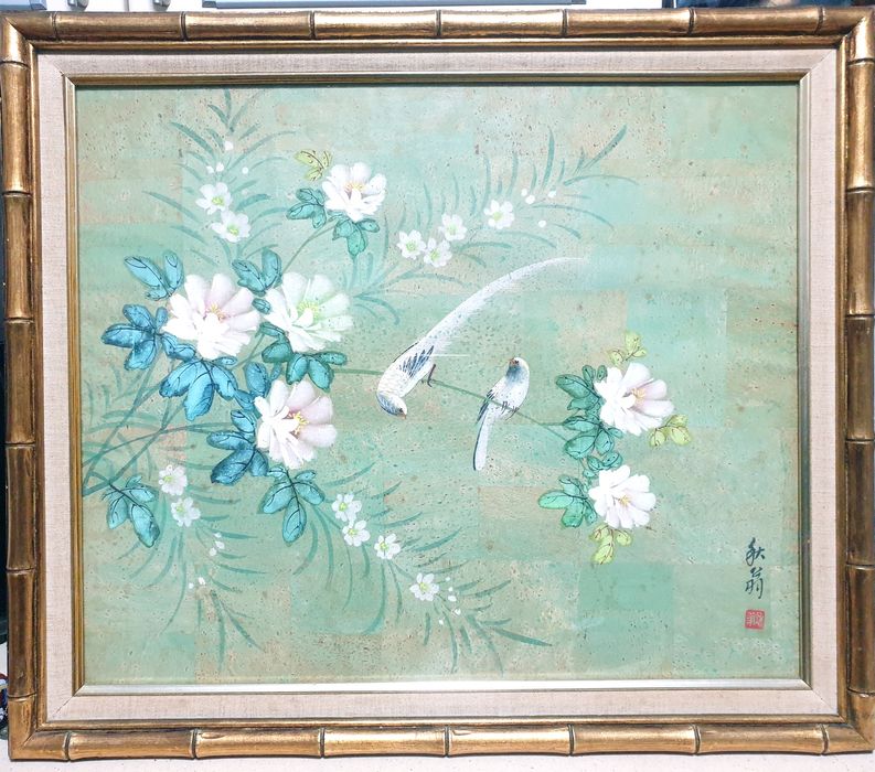 Linda pintura asiática sobre papel de cortiça - assinada e emoldurada