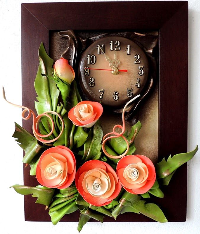Obraz skórzany + zegar i kwiaty - oryginalny design + DEDYKACJA grawer