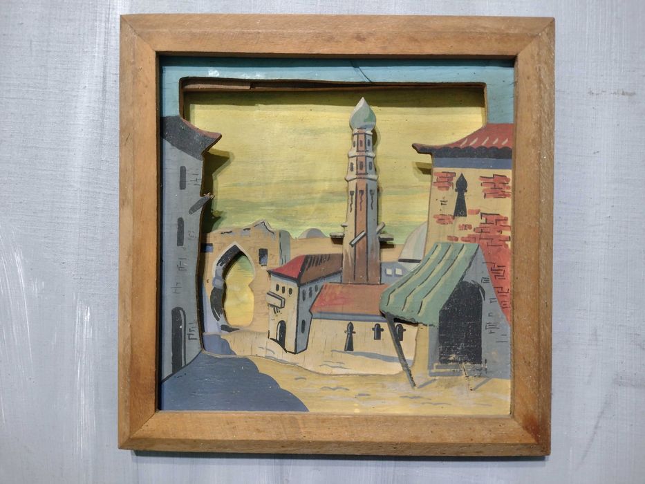 Stary obrazek, scenka 3d ze sklejki 3 szt.