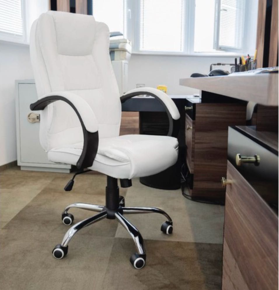 Fotel Biurowy Skóra Eko - Biały Krzesło obrotowe Wyprofilowane FV