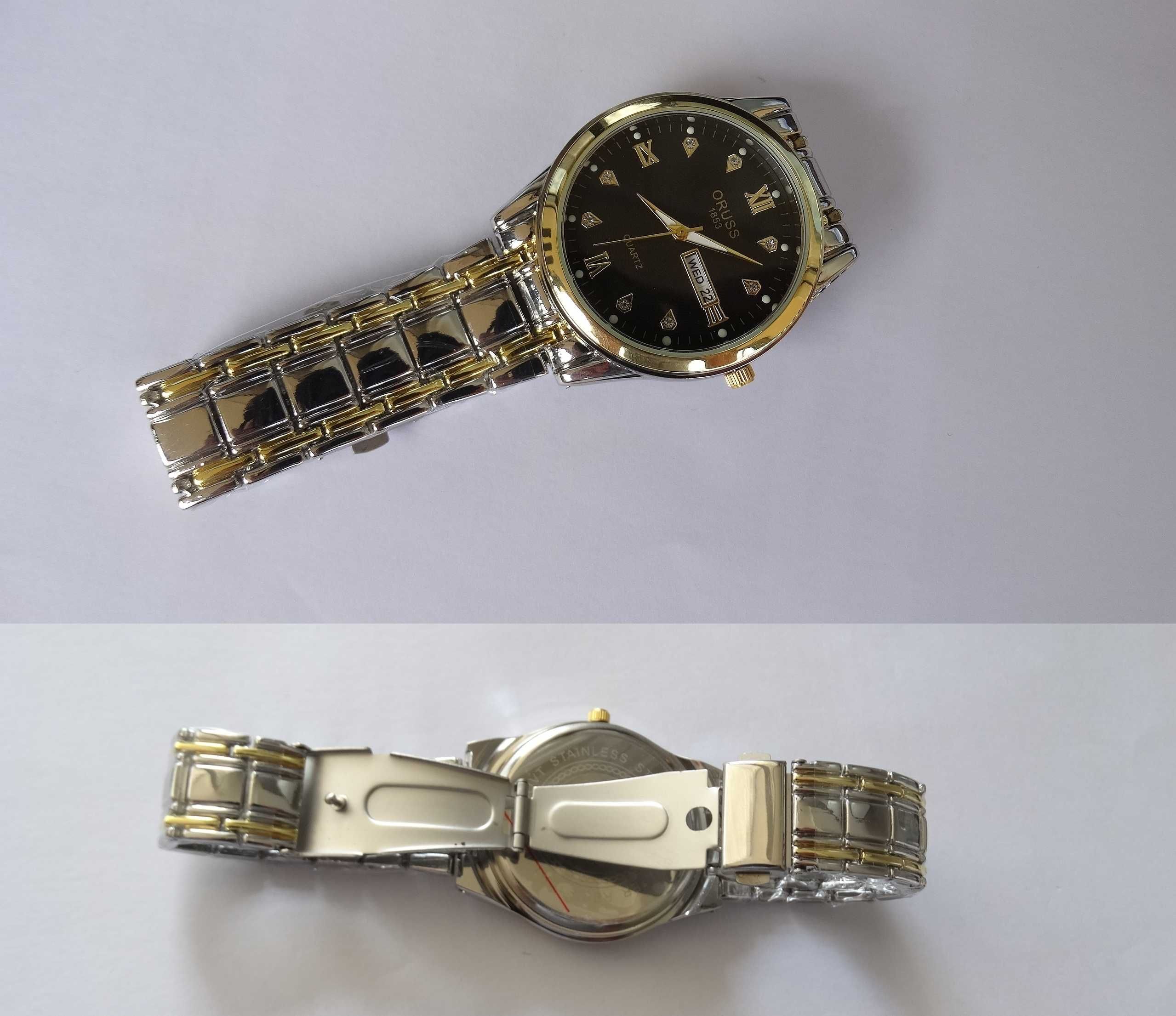 Męski zegarek kwarcowy klasyczny 41mm srebrno złoty datownik pudełko
