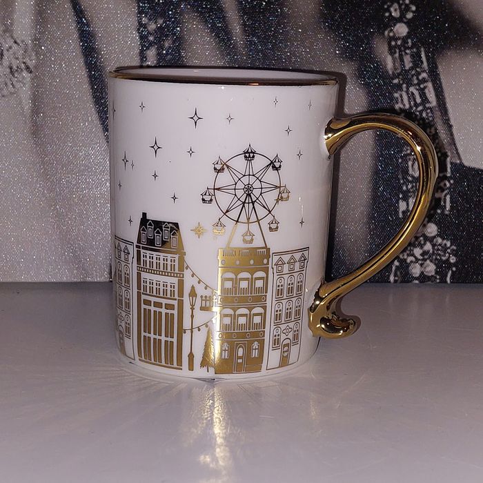 1zł Wysyłka Śliczny glamour kubek ceramiczny z motywem złotych domków