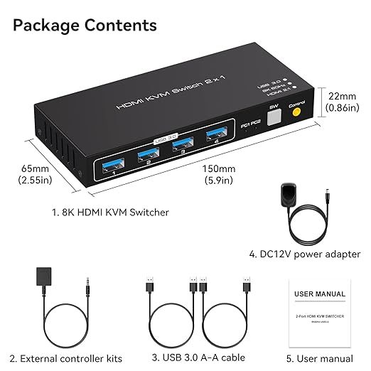 VPFET 8K60Hz KVM Switch HDMI USB 3.0 dla 2 PC i 1 Monitora