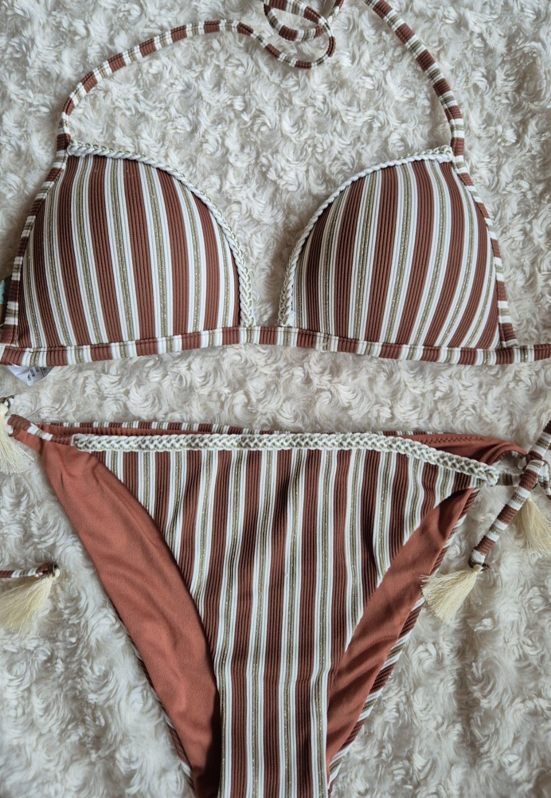 Kostium kąpielowy Calzedonia S 80A/75B/70C brązowy biały złoty paski