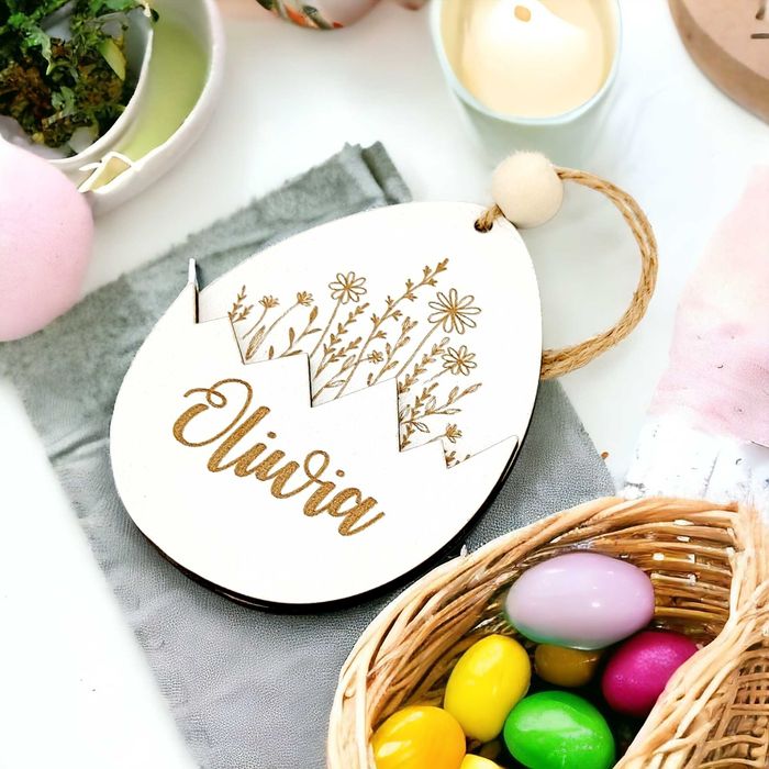Zawieszka drewniana do koszyczka JAJKO WIELKANOC Imię grawer PREMIUM