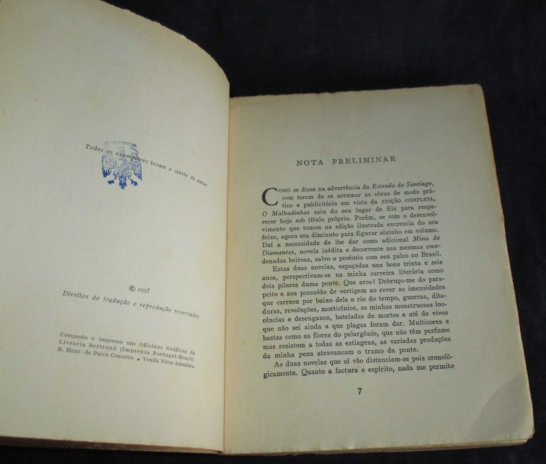 Livro O Malhadinhas Mina de Diamantes Aquilino Ribeiro 1ª edição 1958
