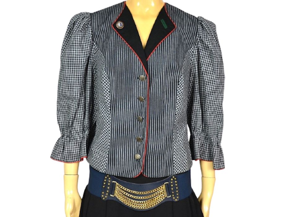 Unikat Bawarski Folkowy żakiet marynarka krata kratka paski falbana L