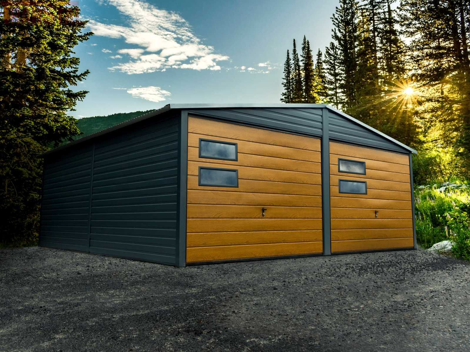 Garaż blaszany drewnopodobny 8x6 dwuspadowy wiata garaże blaszane