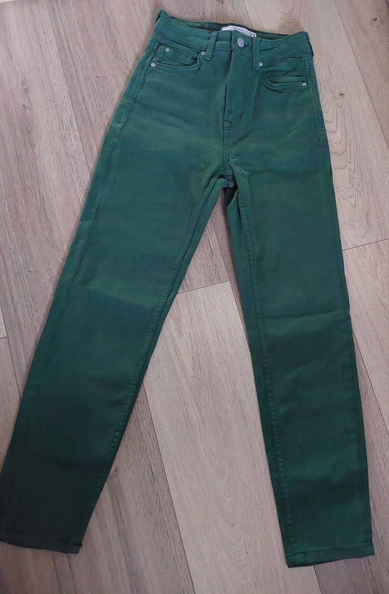 spodnie stradivarius rozm 34 (xs) ciemne zielone jeans %%