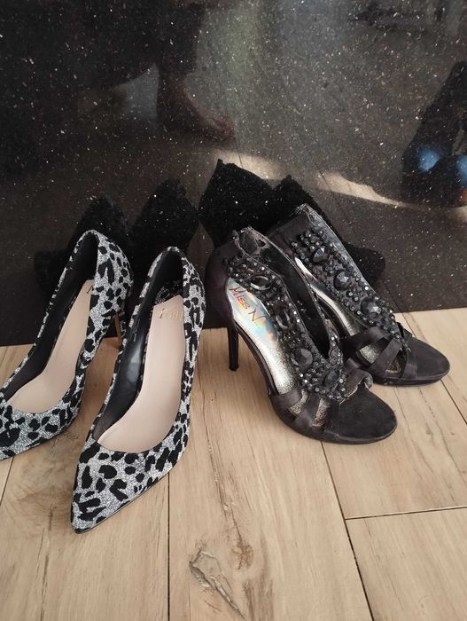 Szpilki Buty panterka r 39 srebrno czarne wiatrówki gratis