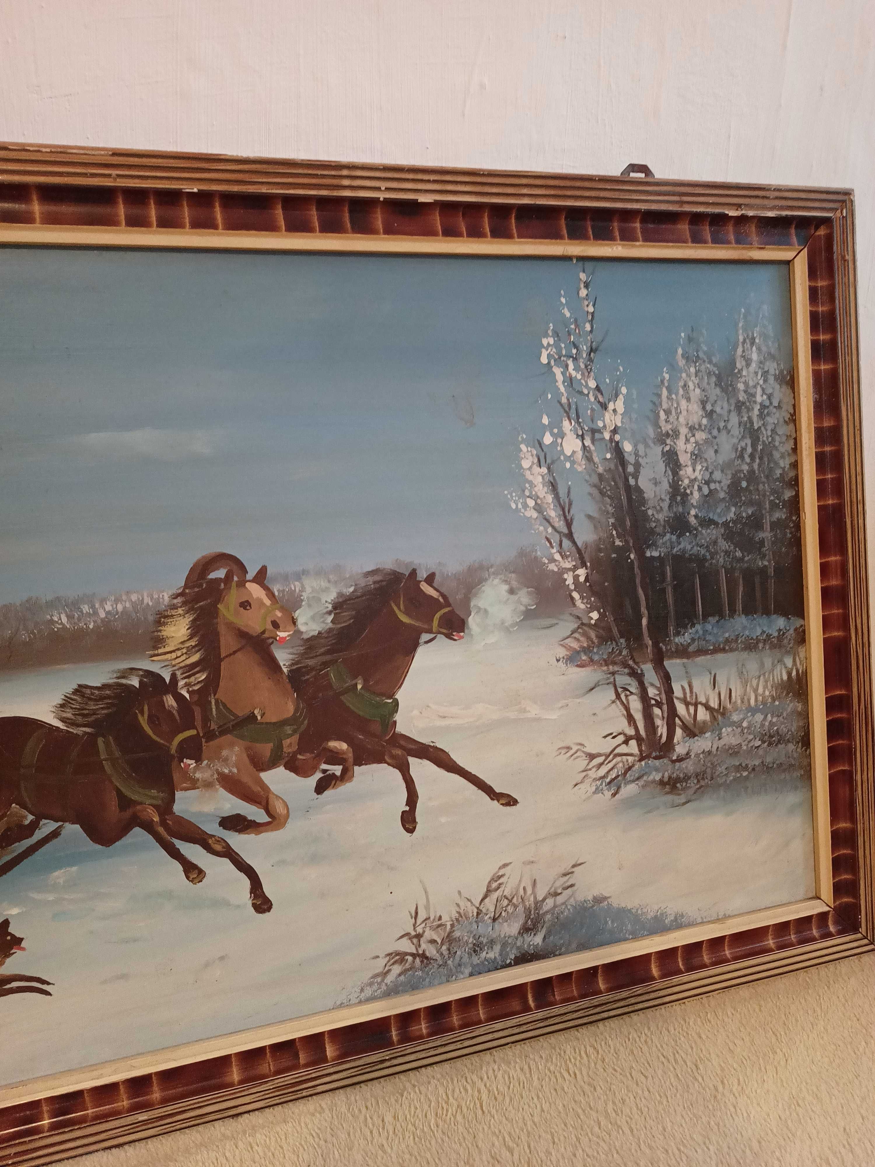 Stary obraz ręcznie malowany Atak wilków