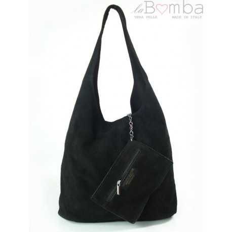 Worek zamszowy Shopper Bag , Włoska skórzana torba XL A4 Czarny