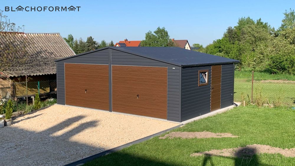 Garaż blaszany 7x5 7x6 grafit + drewno konstrukcja ocynk drzwi + okno
