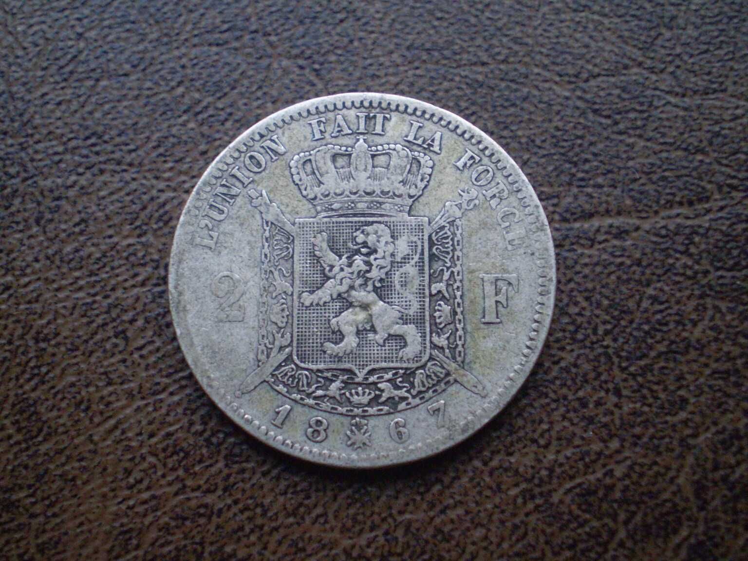 Серебро 2 франки 1867-й год королевство Бельгия
