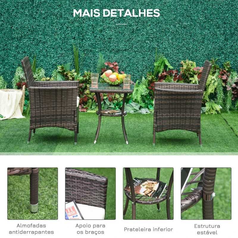 Conjunto de 1 Mesa e 2 Cadeiras Rattan para Jardim - Castanho
