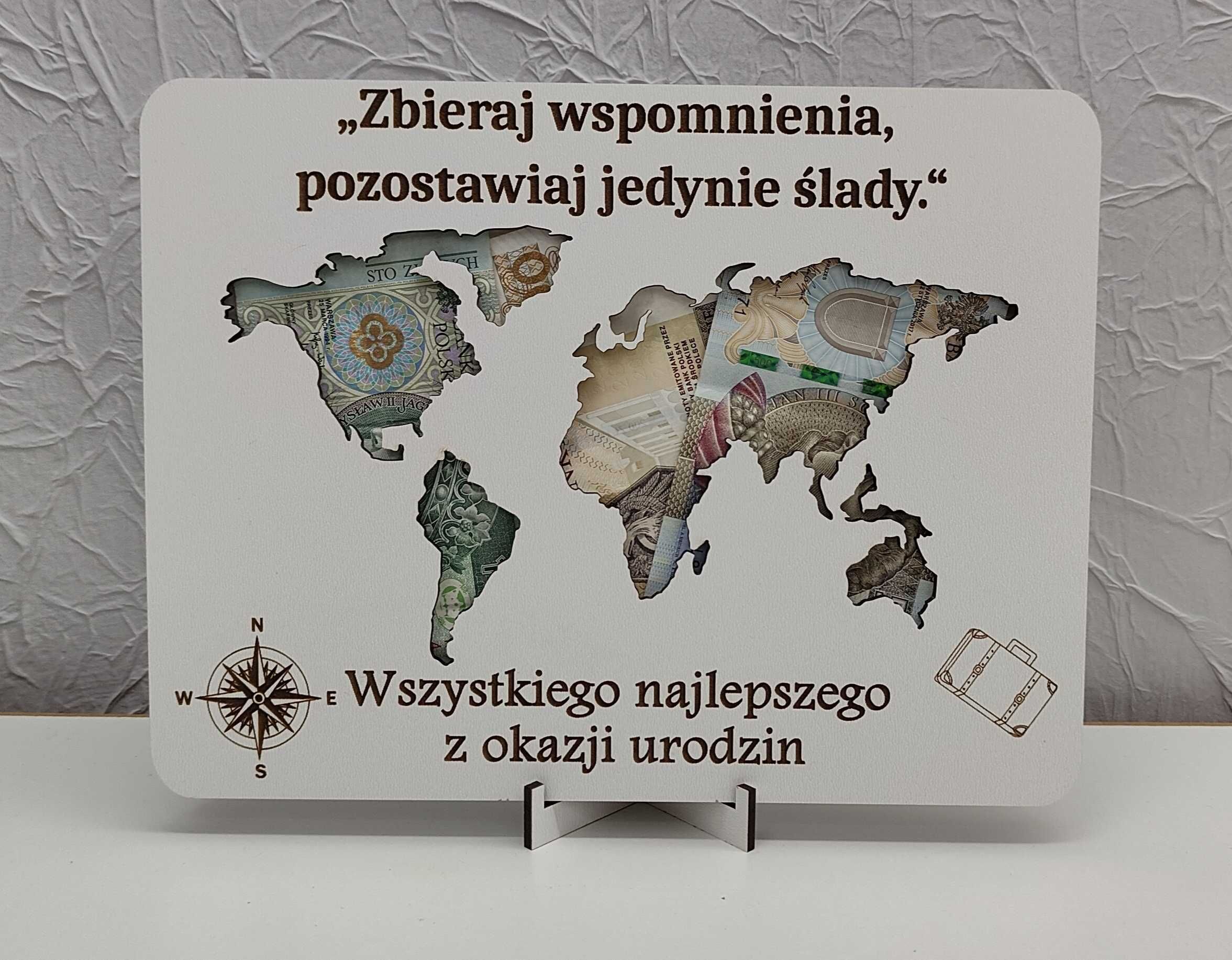 Ramka na pieniadze urodziny życzenia mapa świata dow grawer biała pods
