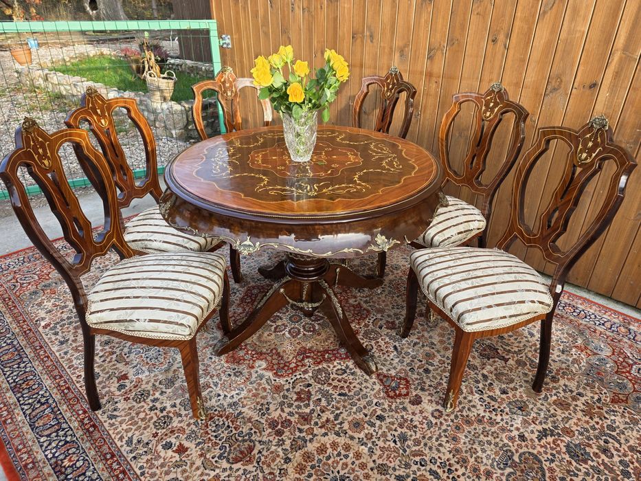 Stół okrągły intarsjowany okuwany mosiądzem + 6 krzeseł #2118 Stylowy