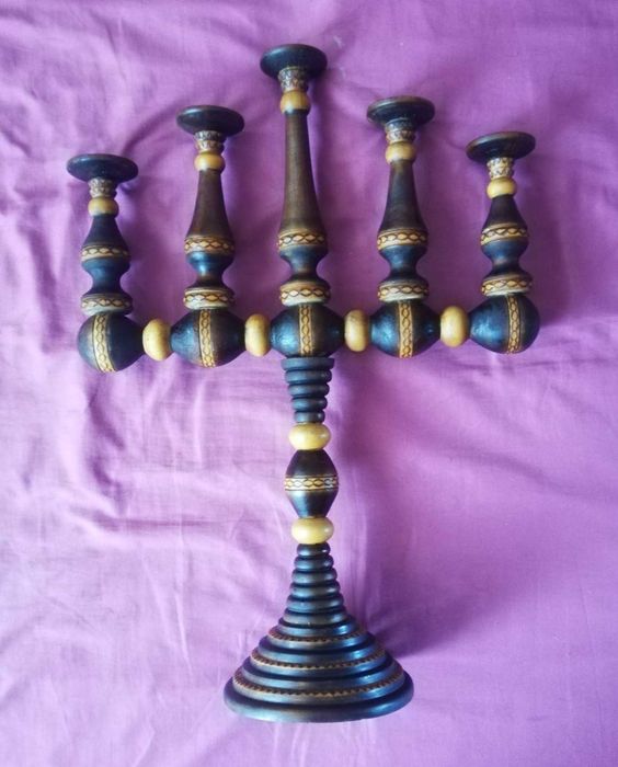 PRL stylowy świecznik 5-ramienny drewniany toczony OKAZJA