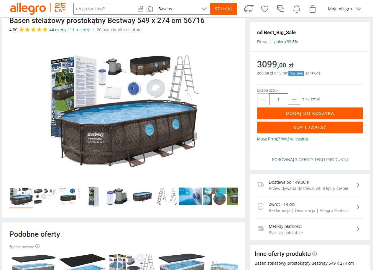 Basen BESTWAY 1,22m gł, 13,430m3 MEGAZESTAW, solary prysznic NOWA CENA