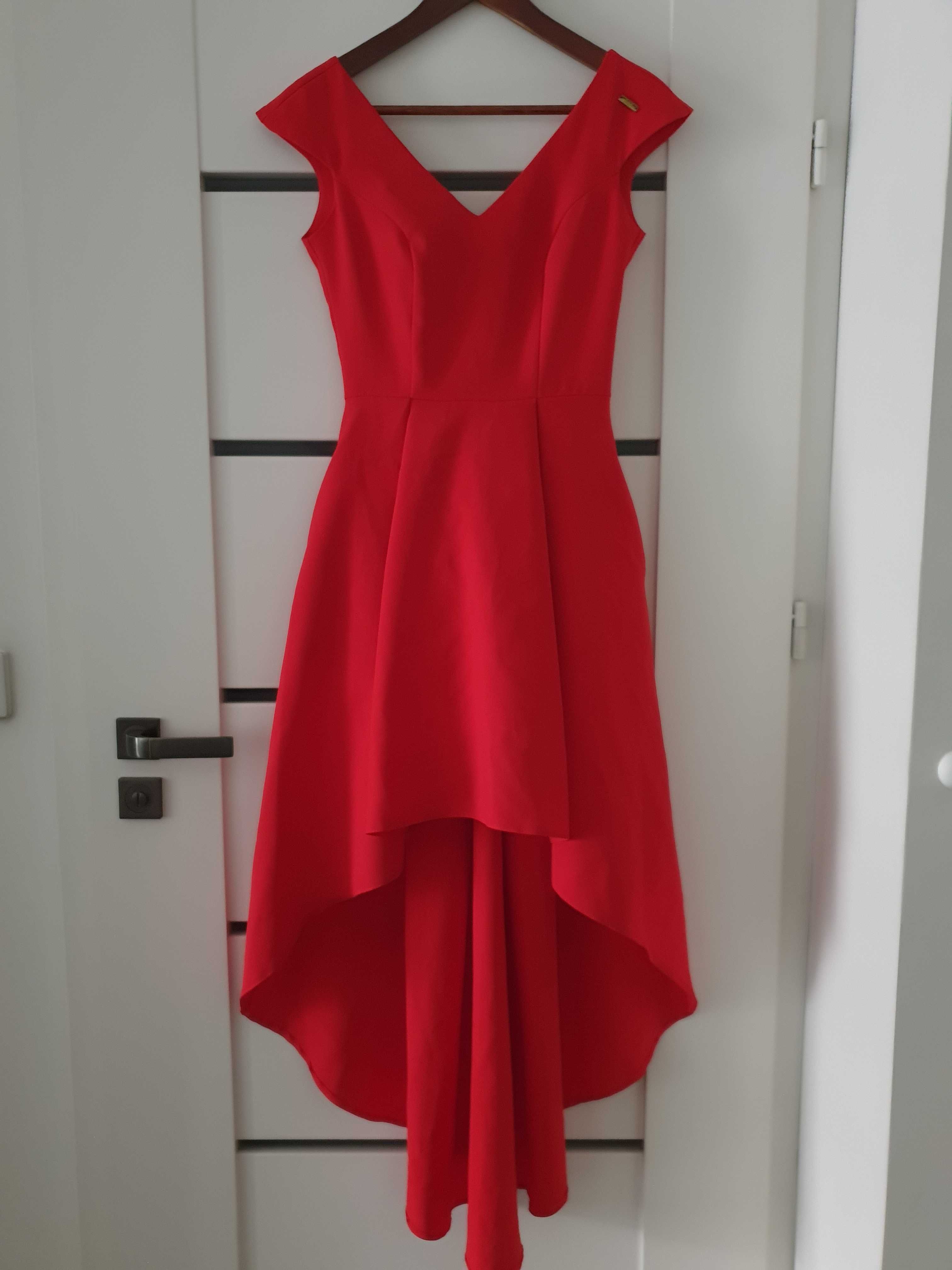 Czerwona, asymetryczna sukienka, rozm.XS (34) Krótki przód, długi tył!