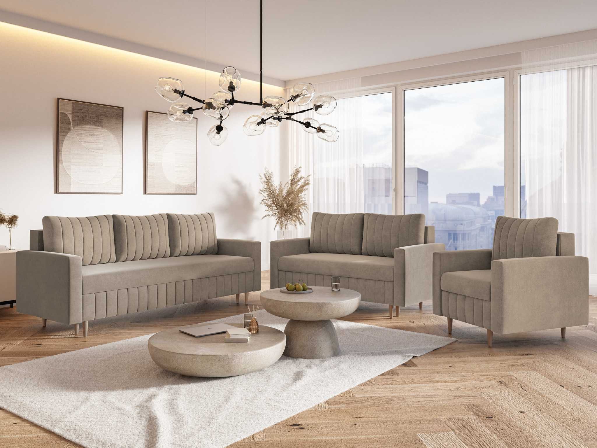 Sofa skandynawska 215 cm na drewnianych nóżkach z pojemnikiem Scandi