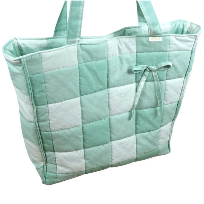 Pikowana torebka miętowa shopperka bawełniana w kratkę z kokardką