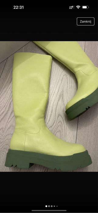 Limonkowe skorzane kozski botki kowbojki muszkieterki kalosze 39