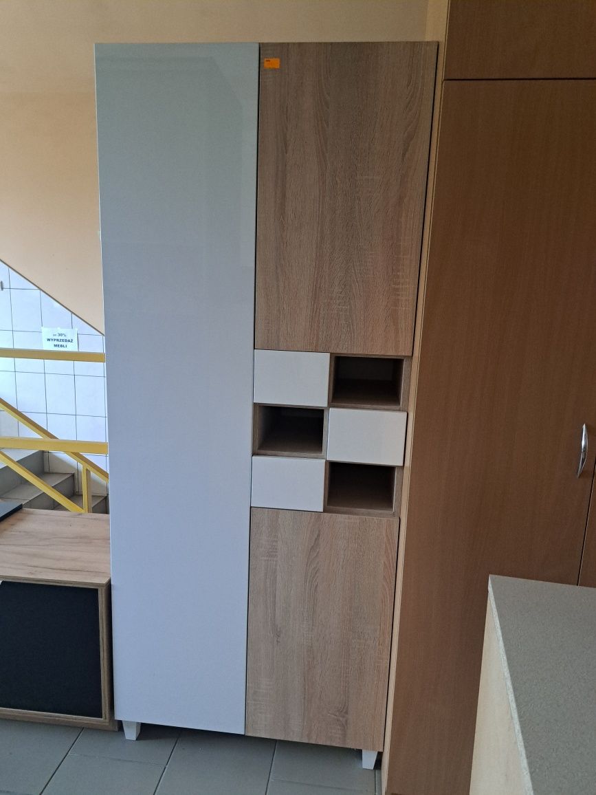 Szafa z półkami i szufladami Dąb sonoma + biały połysk MDF 194x80x48