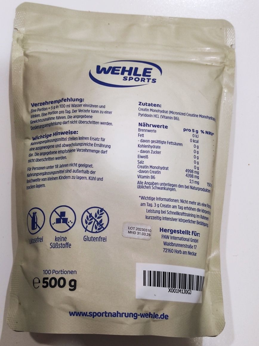 Kreatyna monohydrat firmy Wehle 500 g.