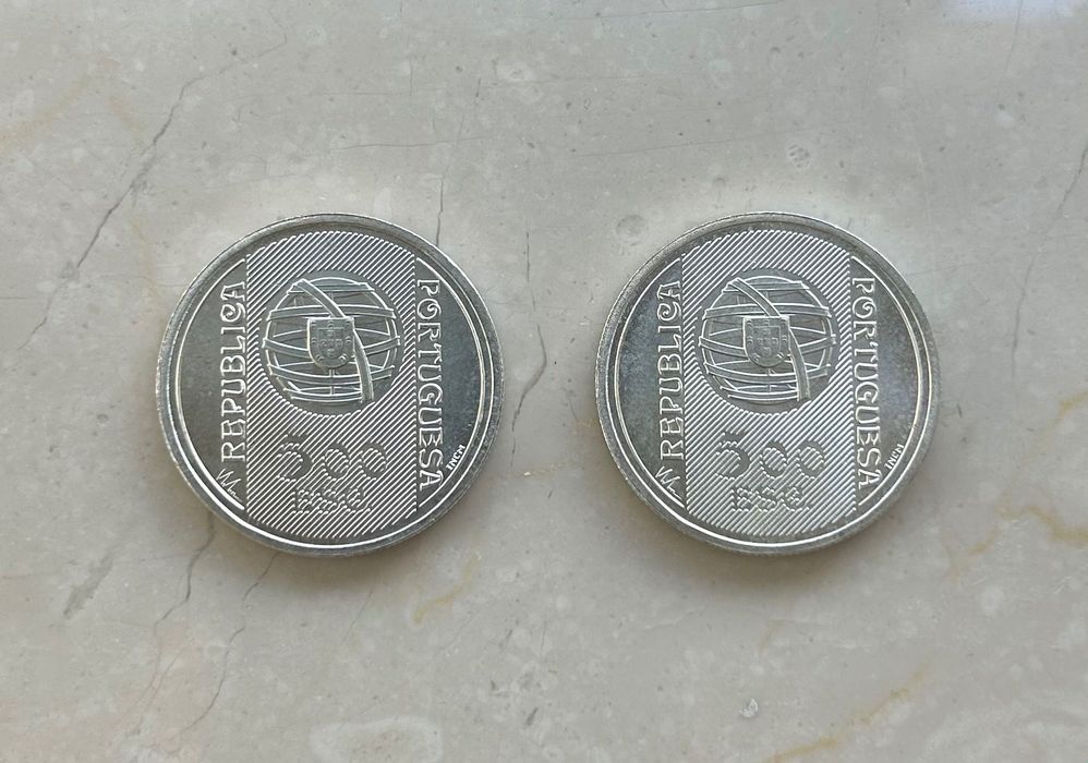Lote 2 moedas prata 500 escudos 996 Banco de Portugal 150 Aniversário