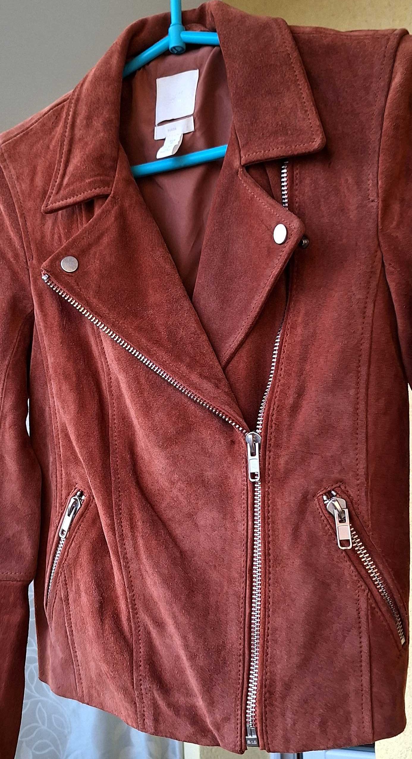 Karmelowa brązowa kurtka zamszowa biker ramoneska H&M skóra koźlęca